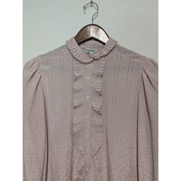 Vintage Silky Ruffle Puff Sleeve Blouse Long Sleeve Pink Jacquard Dot Campus M - Picture 2 of 5